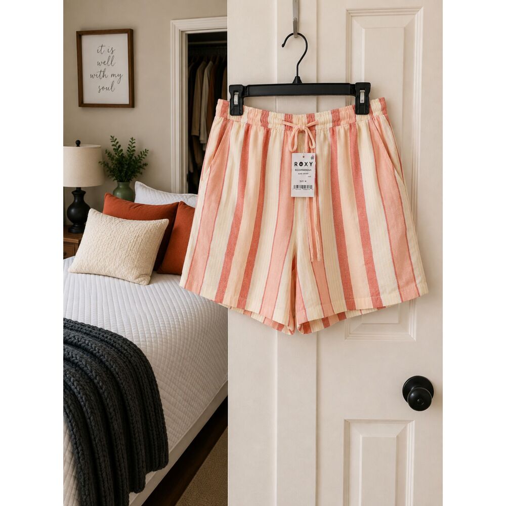 Roxy Addie Linen Blend Shorts M Tropical Peach Boardwalk Stripe NWT